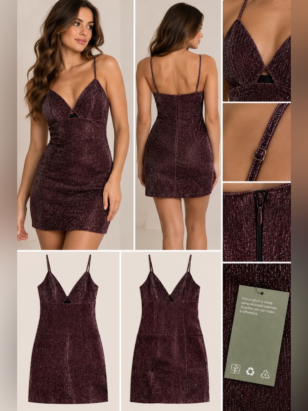 H&M Conscious Metallic Glitter Mini Dress Plum Burgundy Cutout V-Neck NWT XS‎